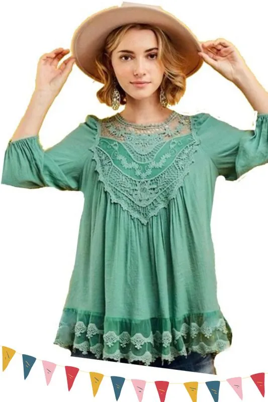 Entro Crochet Babydoll Blouse - Sage