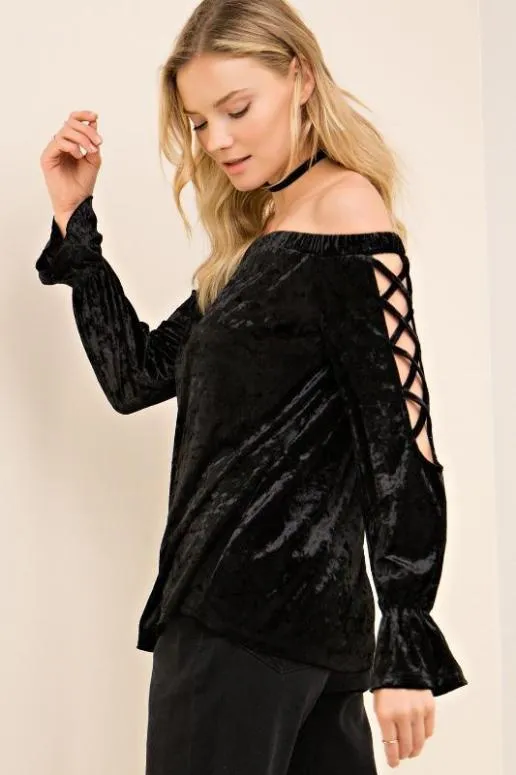 Entro Strappy Sleeve Velvet Off Shoulder Top - Black