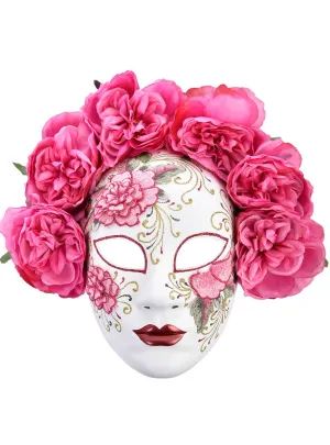 Florencia Full Face White Masquerade Mask with Pink Flowers and Glitter