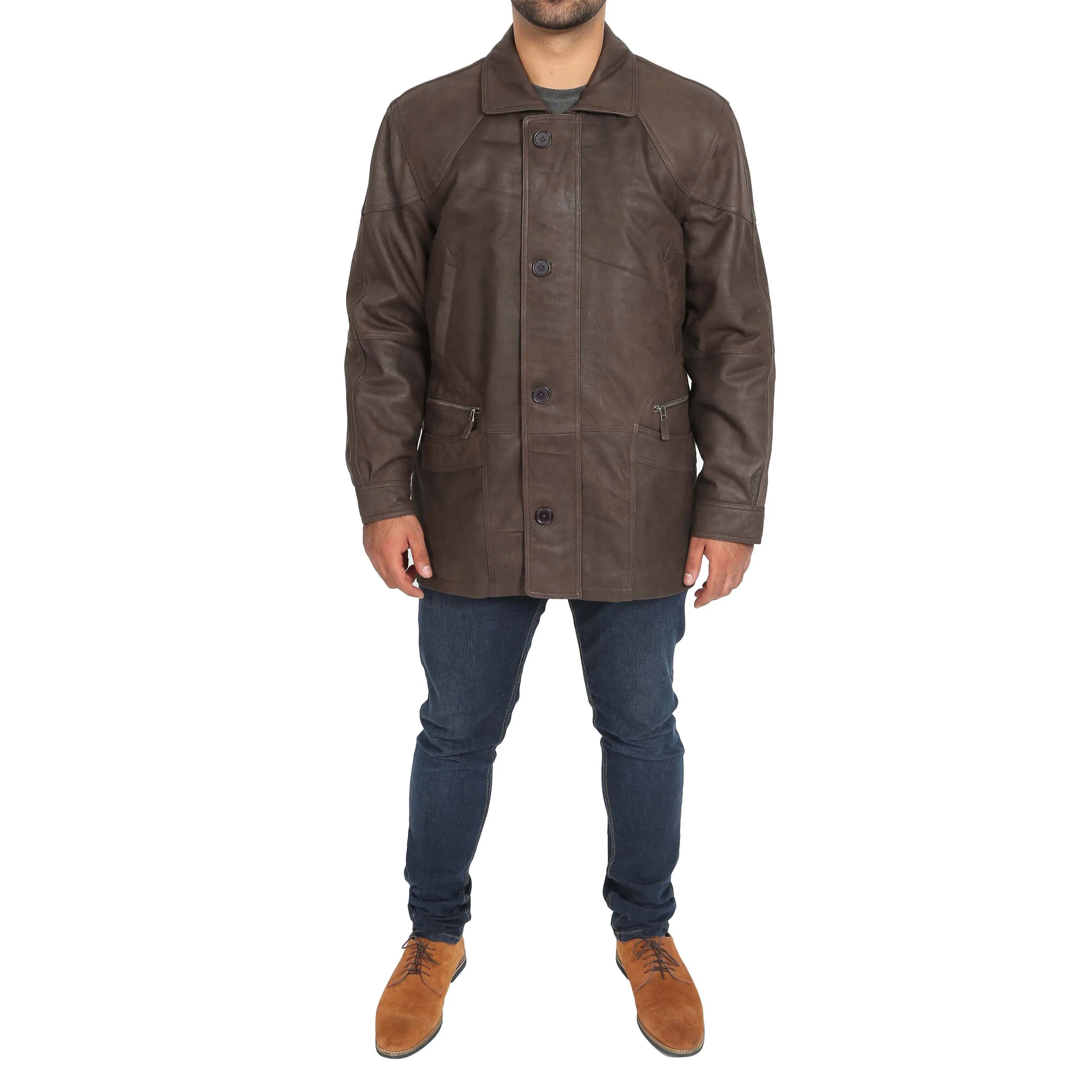 Gents Classic Soft Leather Parka Overcoat Clive Brown