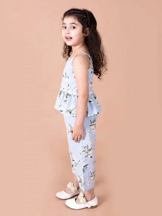 Girls Blue Floral Printed Top With Trousers - Ps Peaches