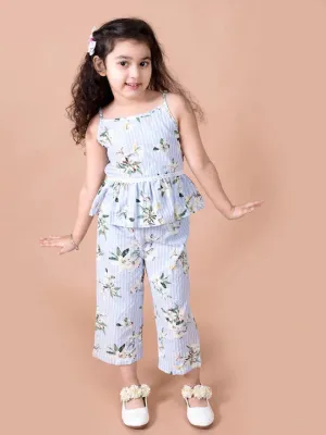 Girls Blue Floral Printed Top With Trousers - Ps Peaches