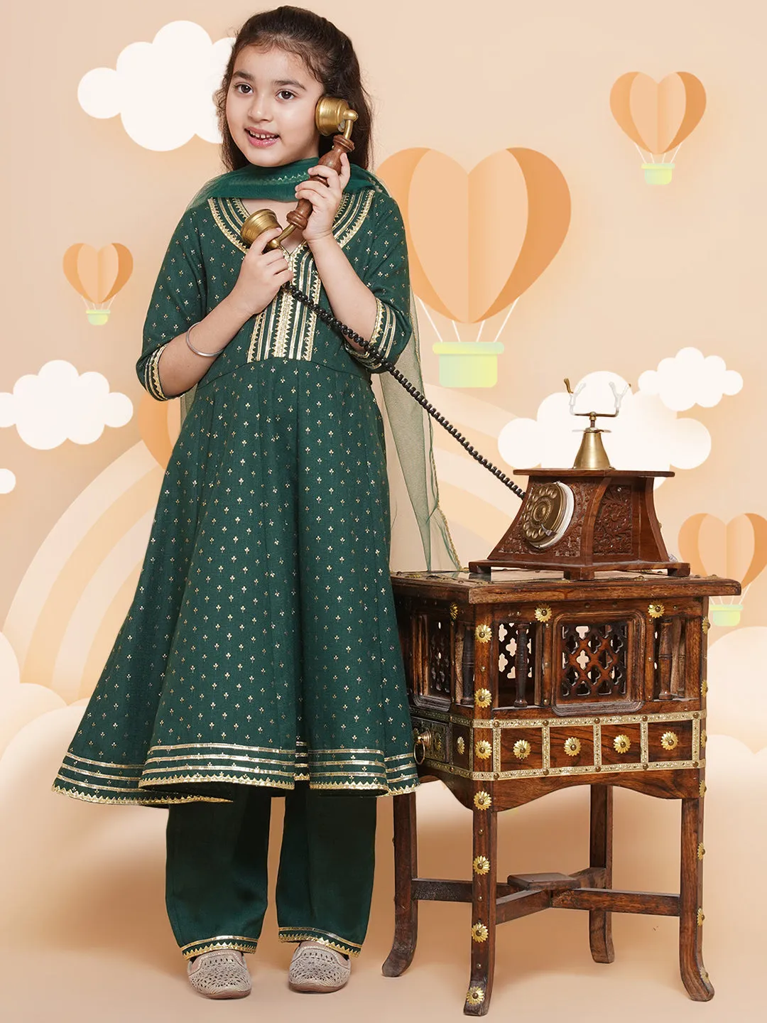 Girl's Ethnic Motifs Printed Kurta & Trousers With Dupatta - Bitiya By Bhama