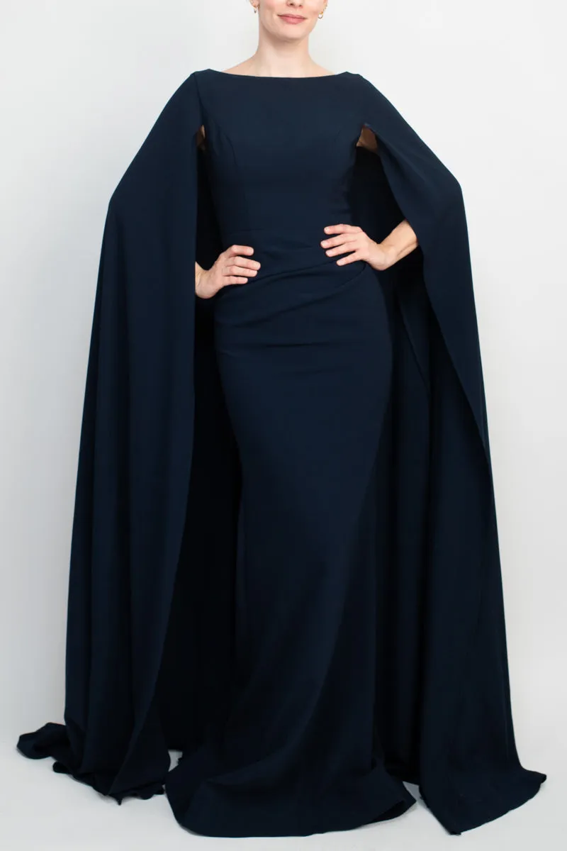 Jovani boat neck cape evening with zipper closure crepe gown