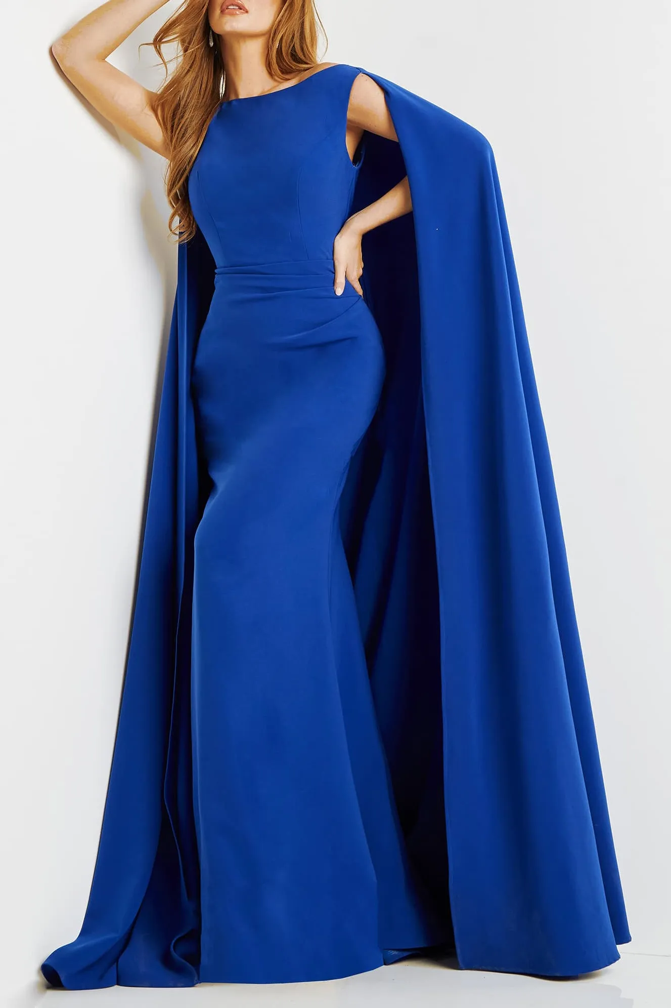 Jovani boat neck cape evening with zipper closure crepe gown