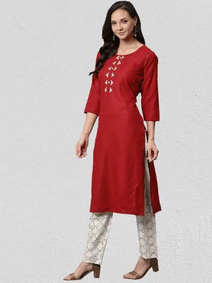 KSUT Maroon & Off-White Solid Kurta with Trousers