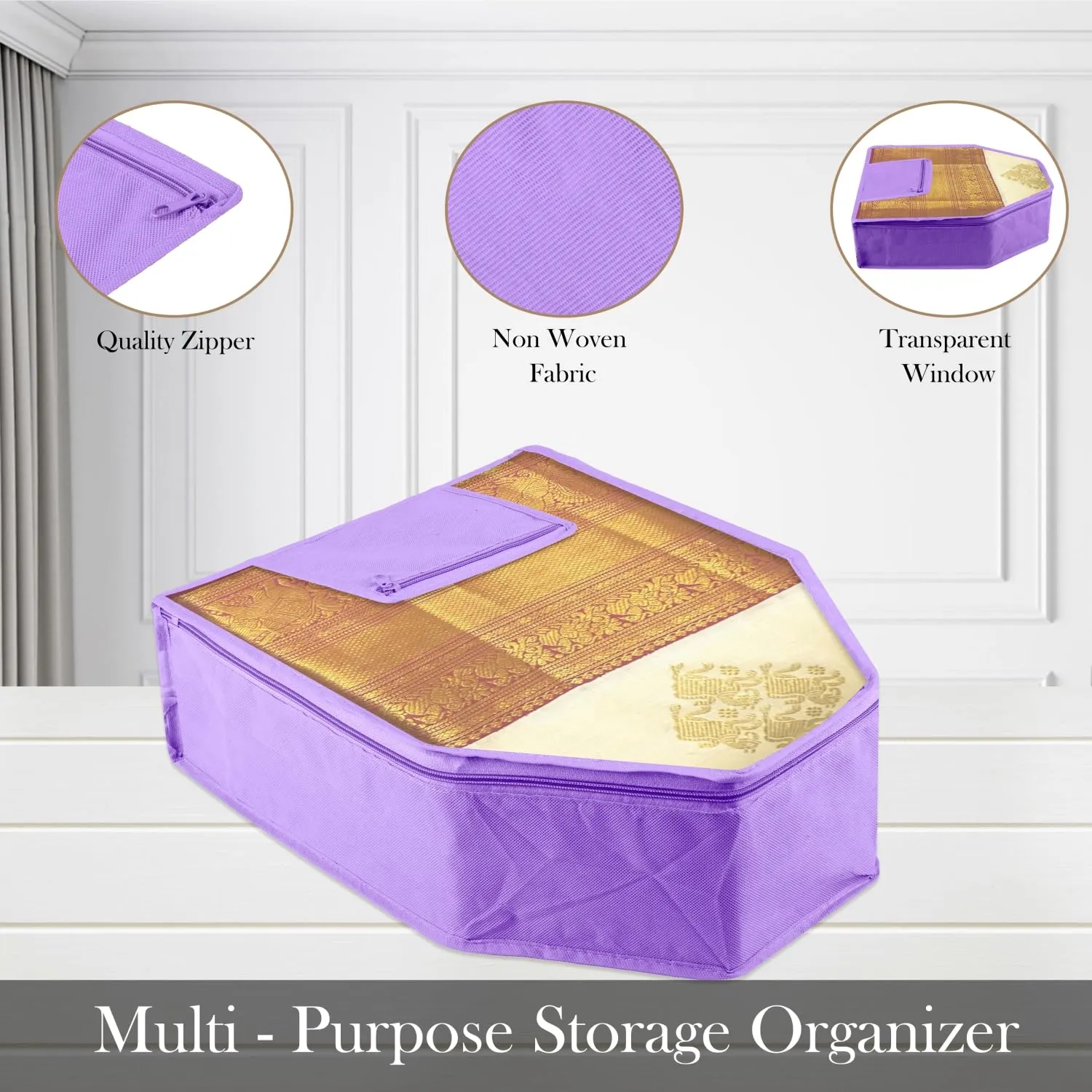 Kuber Industries Blouse Cover | Clothes Storage Bag | Zipper Wardrobe Organizers | Clothes Organiser with Attached Pocket with White Lace | Non-Woven Front Transparent | Pack of 12 | Purple