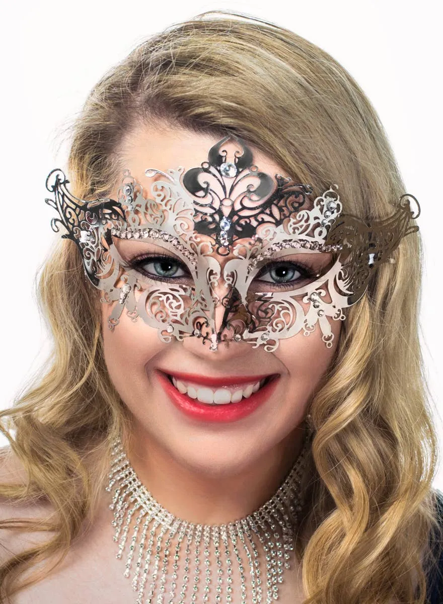 Lacework Silver Metal Rhinestone Masquerade Mask