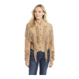 Ladies Beaded Suede Fringe Light Brown Military Jacket