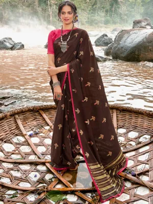 Latest Dark Brown Printed Chiffon Sarees for Women With Blouse