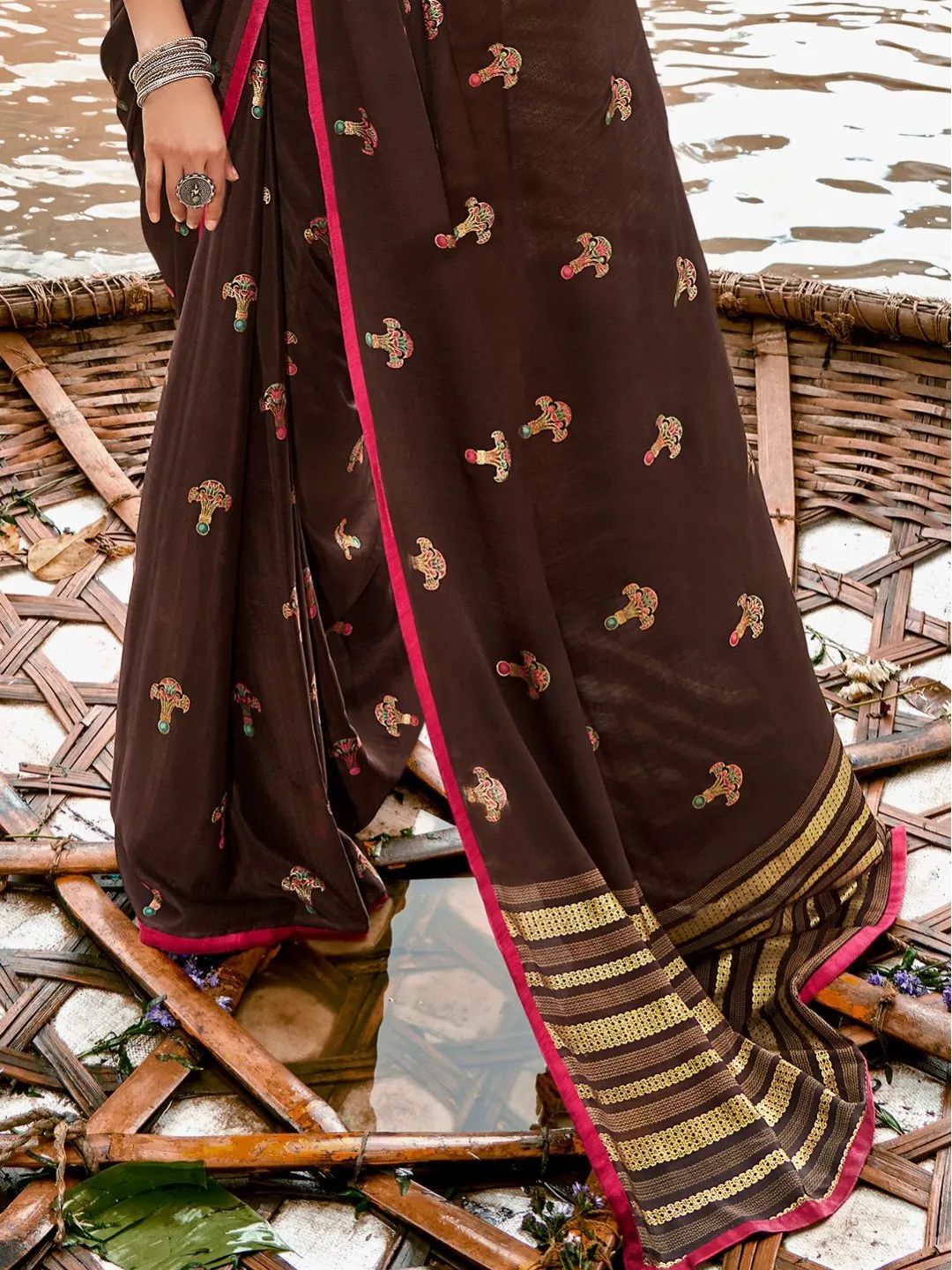 Latest Dark Brown Printed Chiffon Sarees for Women With Blouse