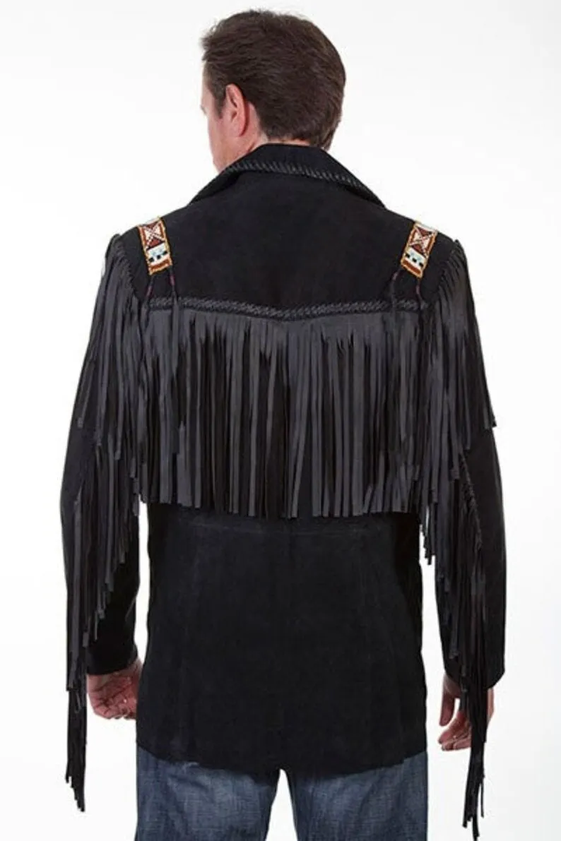 Leather jacket Men's Traditional Native Black Classic Suede Leather Western Jacket With Braided Fringes Country Side Red Indian Western Wear