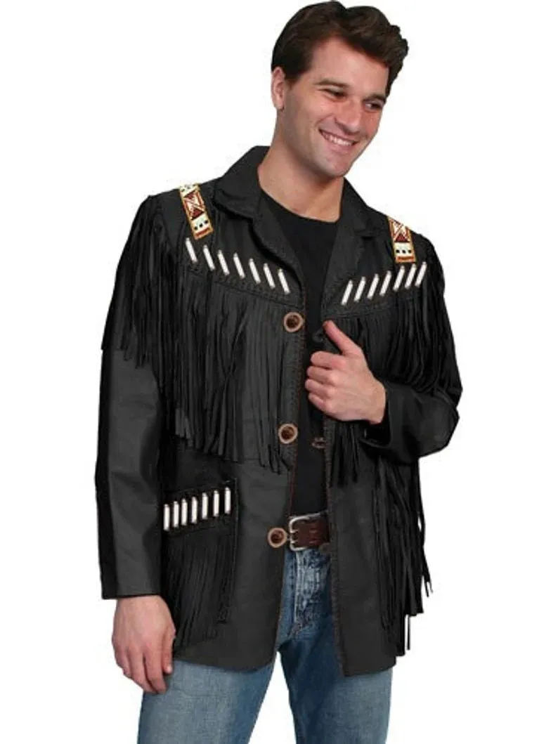 Leather jacket Men's Traditional Native Black Classic Suede Leather Western Jacket With Braided Fringes Country Side Red Indian Western Wear