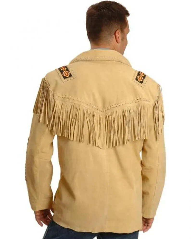 Leather jacket Men's Traditional Native Light Brown Classic Suede Leather Western Jacket Braided Fringes Country Side Red Indian Western