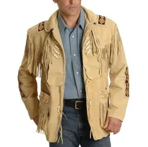 Leather jacket Men's Traditional Native Light Brown Classic Suede Leather Western Jacket Braided Fringes Country Side Red Indian Western