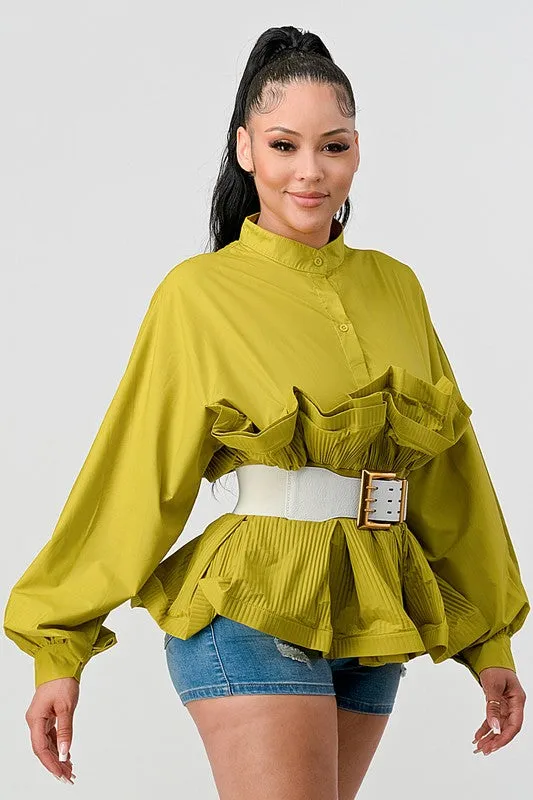 Lime Pleated Ruffle Belted Waist Blouse