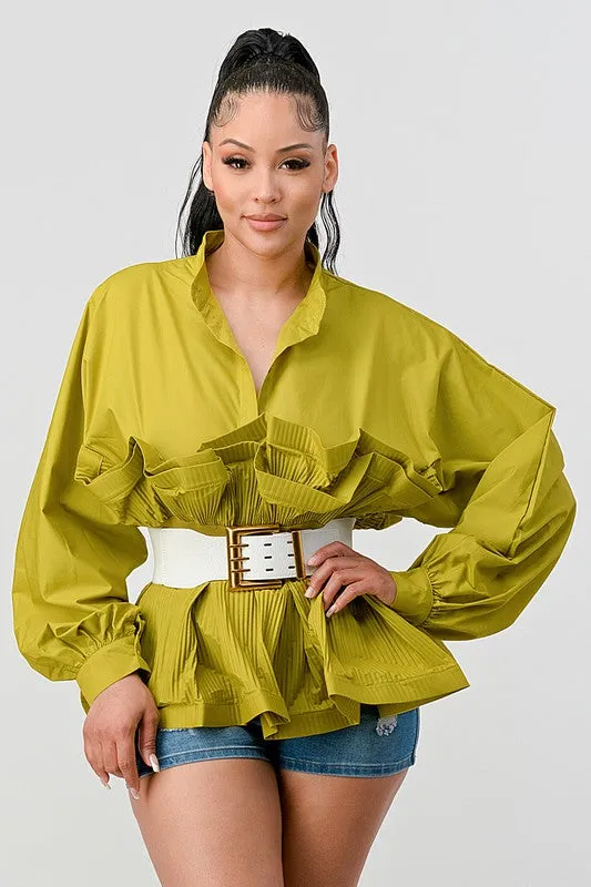 Lime Pleated Ruffle Belted Waist Blouse