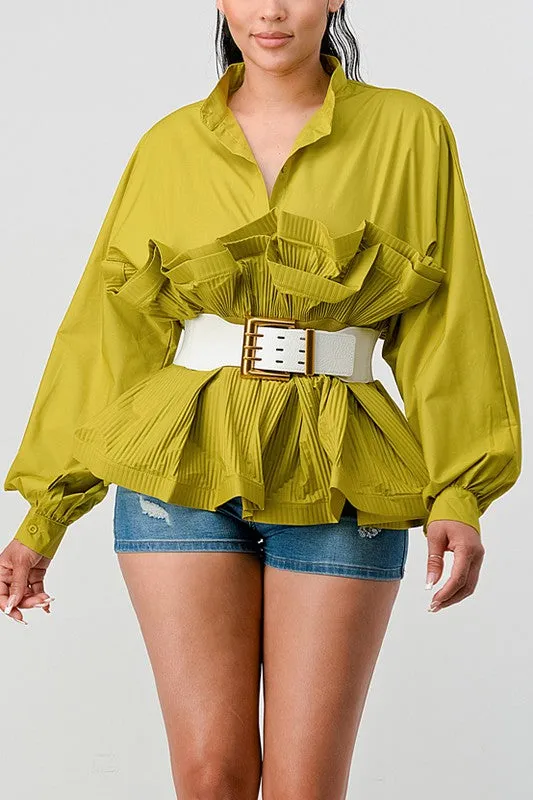 Lime Pleated Ruffle Belted Waist Blouse