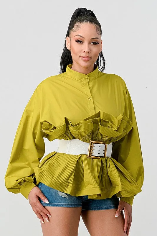 Lime Pleated Ruffle Belted Waist Blouse