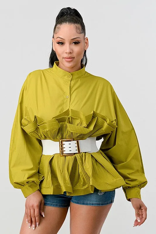 Lime Pleated Ruffle Belted Waist Blouse