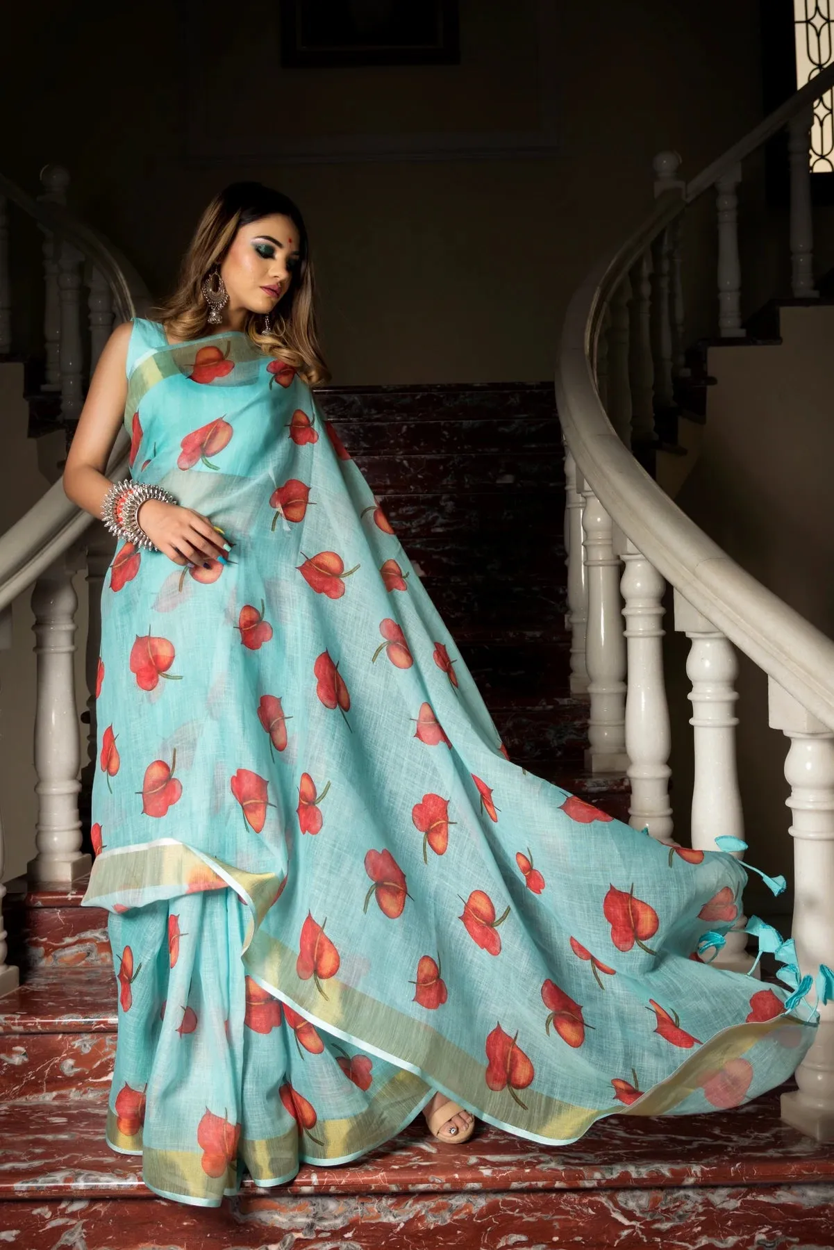 Linen Blue Printed Saree with Cotton Blouse