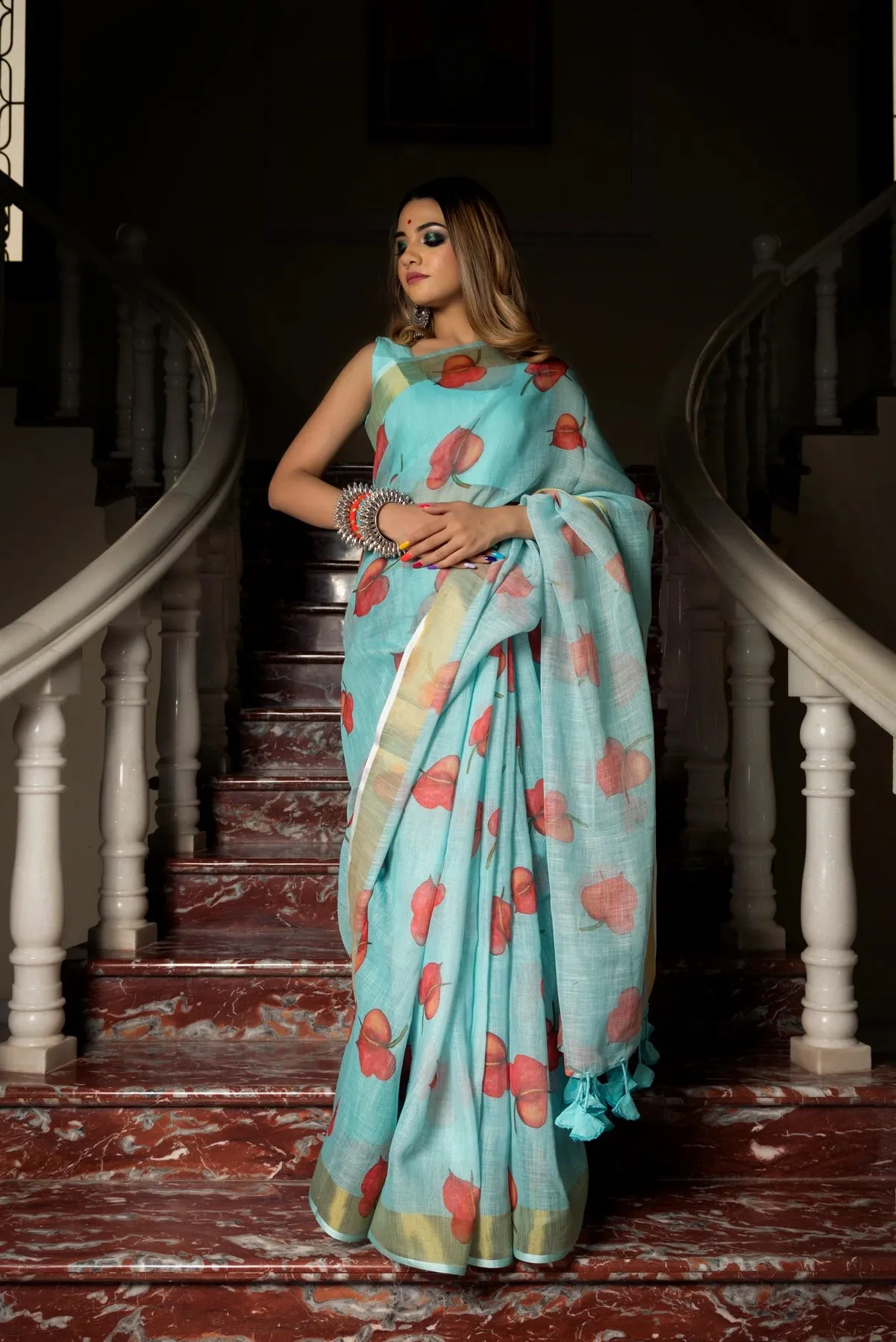 Linen Blue Printed Saree with Cotton Blouse