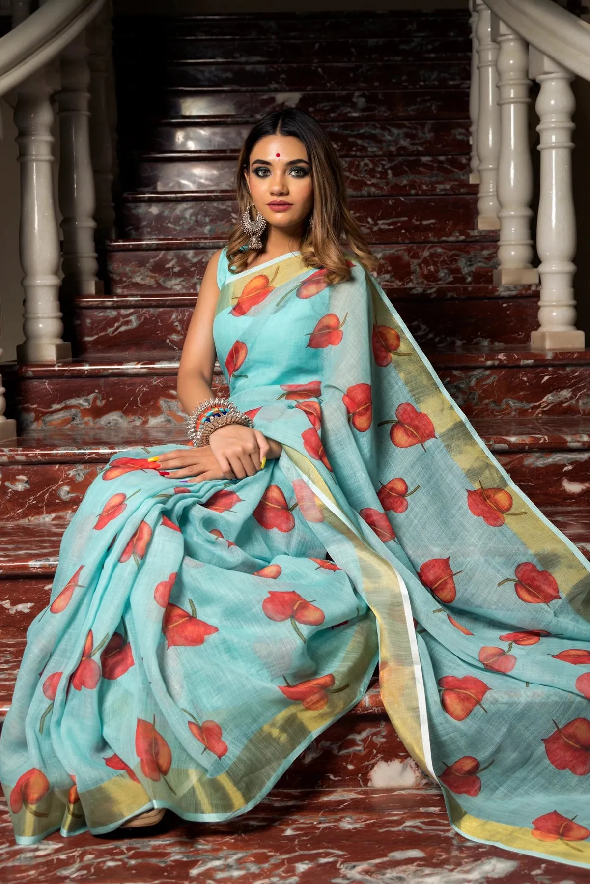 Linen Blue Printed Saree with Cotton Blouse