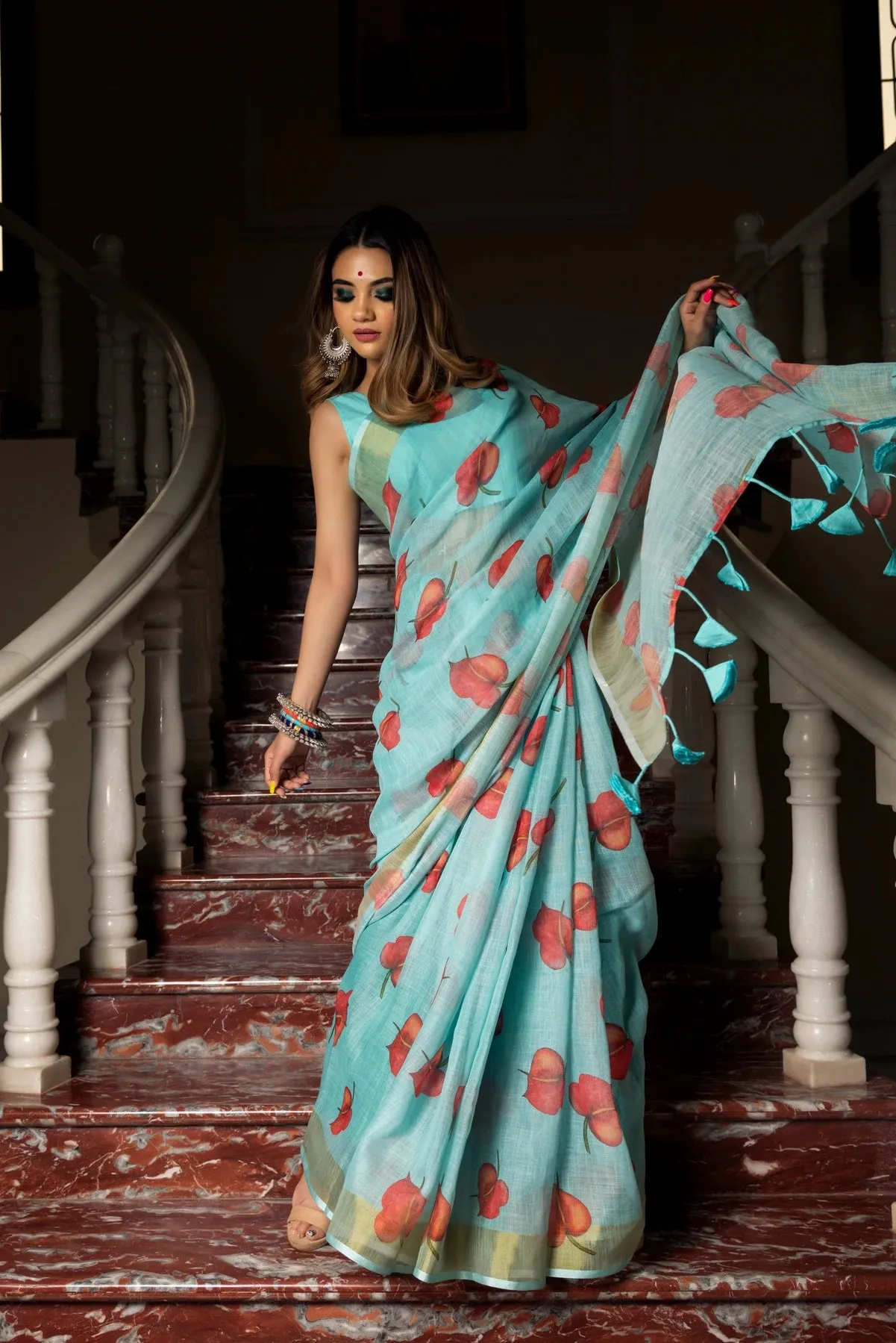 Linen Blue Printed Saree with Cotton Blouse