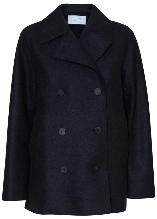 LONG PEACOAT PRESSED WOOL & POLAIRE COAT | NAVY BLUE