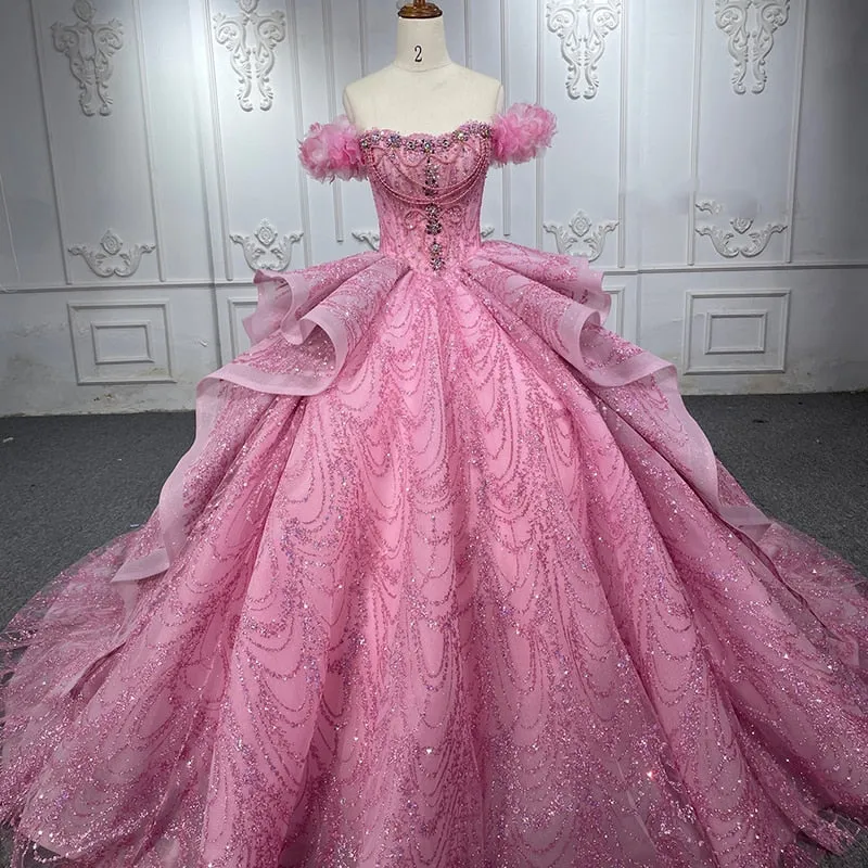 Luxury Quinceanera Dress With Sequins Short Sleeve Chapel Train