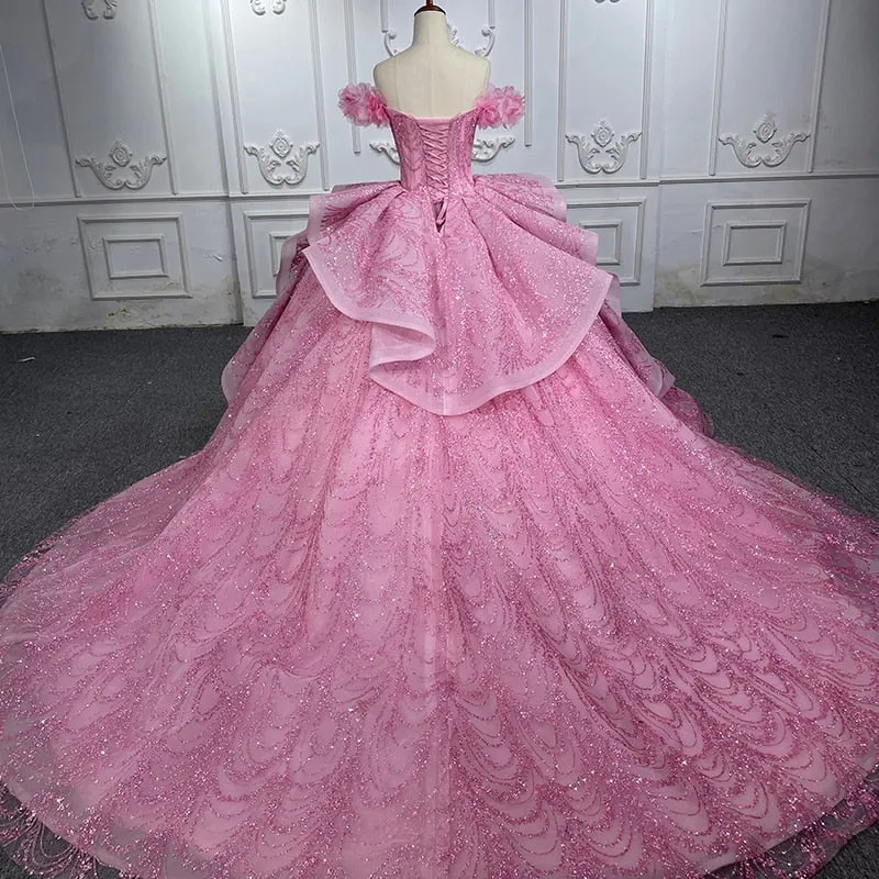 Luxury Quinceanera Dress With Sequins Short Sleeve Chapel Train