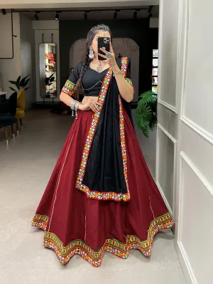 Maroon Color Gamthi Work And Original Mirror Work Lace Border Cotton Dandiya Choli