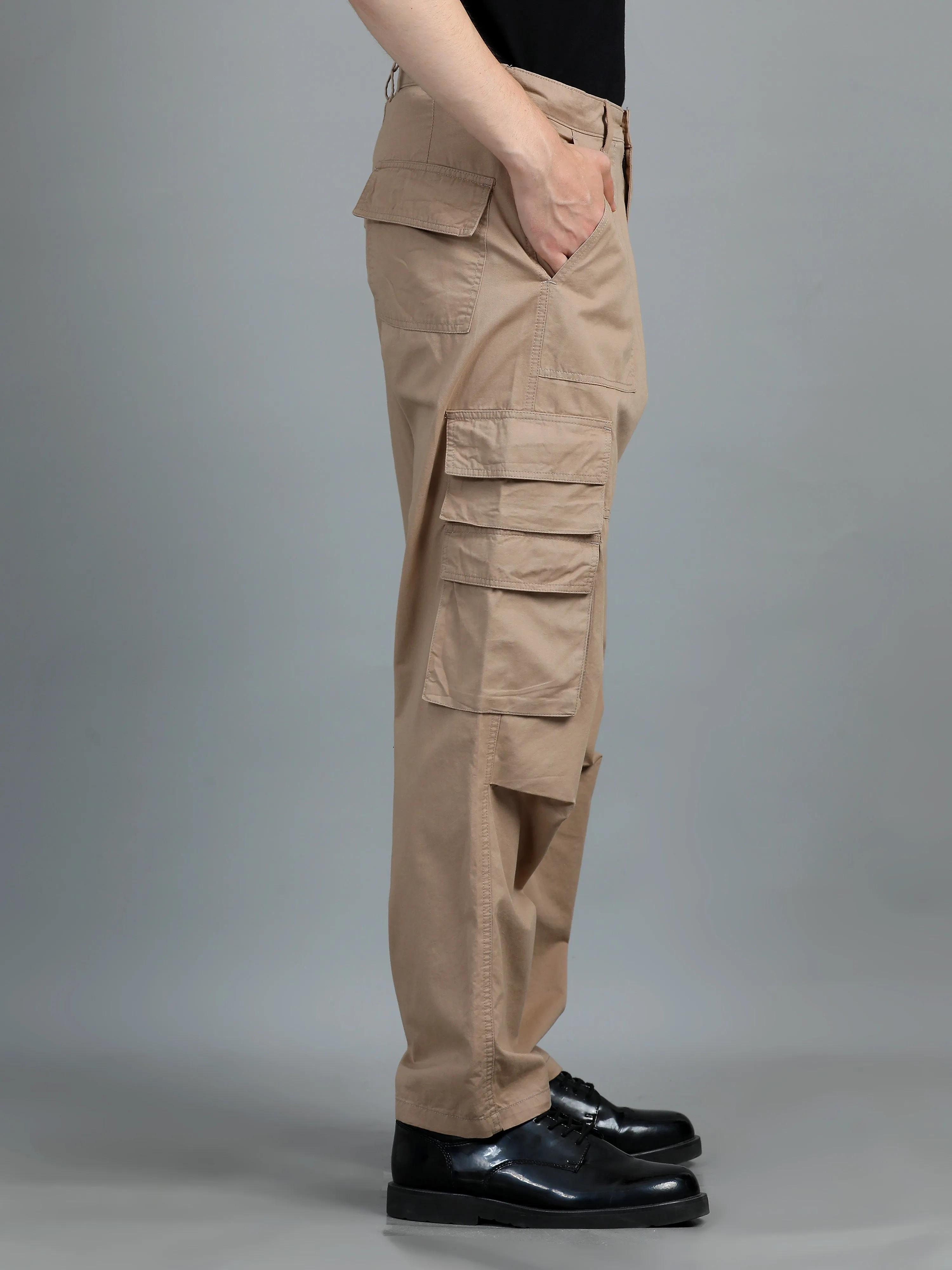 Men 2 Cotton Relaxed Fit Cargo Trousers, Beige , Moss Green