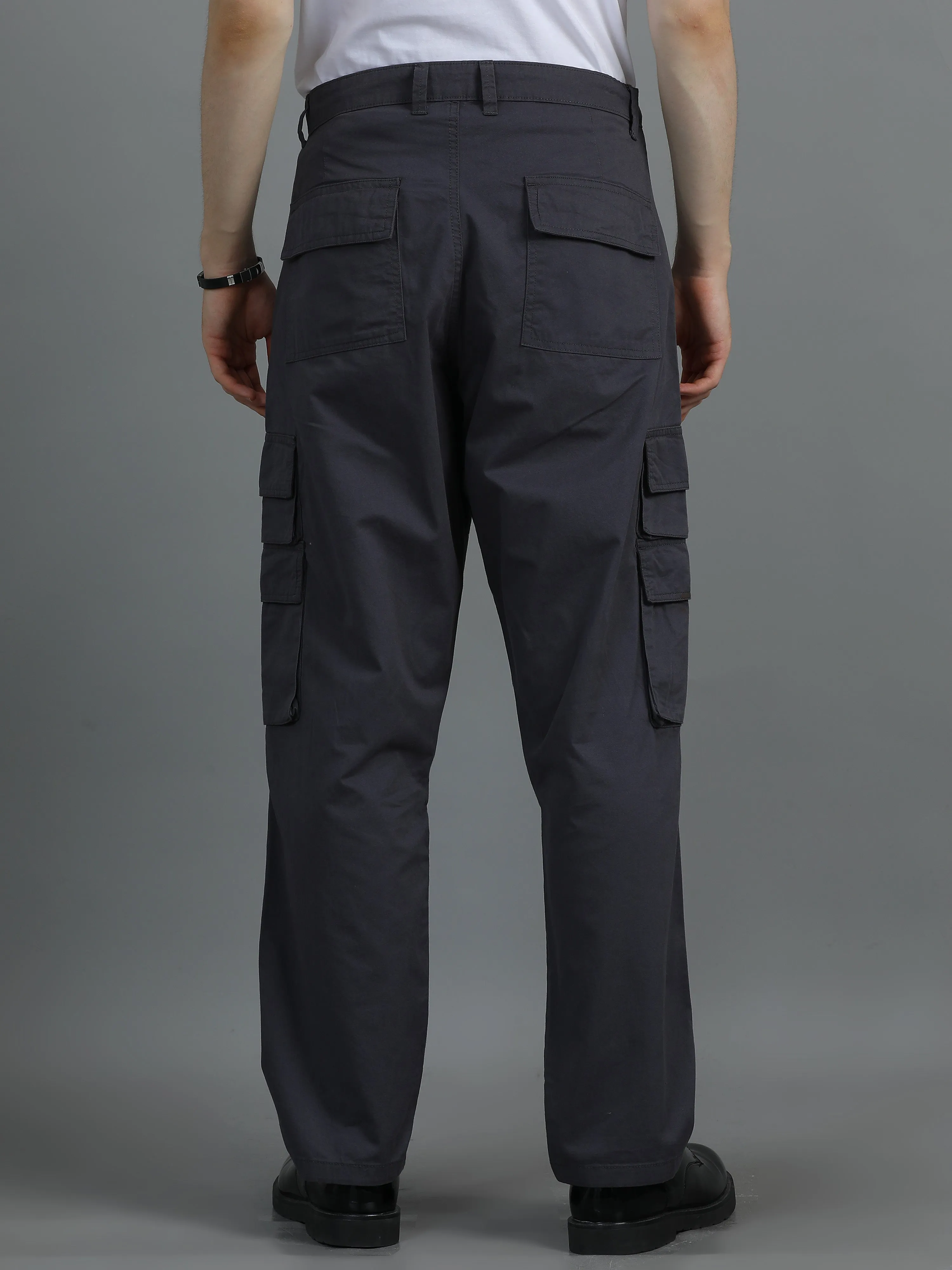 Men 2 Cotton Relaxed Fit Cargo Trousers, Charcoal Grey Black