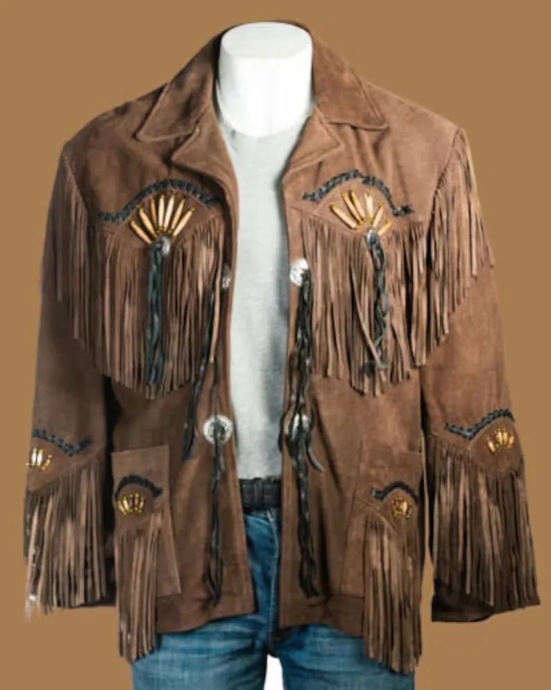 Men Brown Suede Vintage Traditional Western Cowboy Leather Jacket With Fringe Hand Made Country Side Red Indian Western Wear