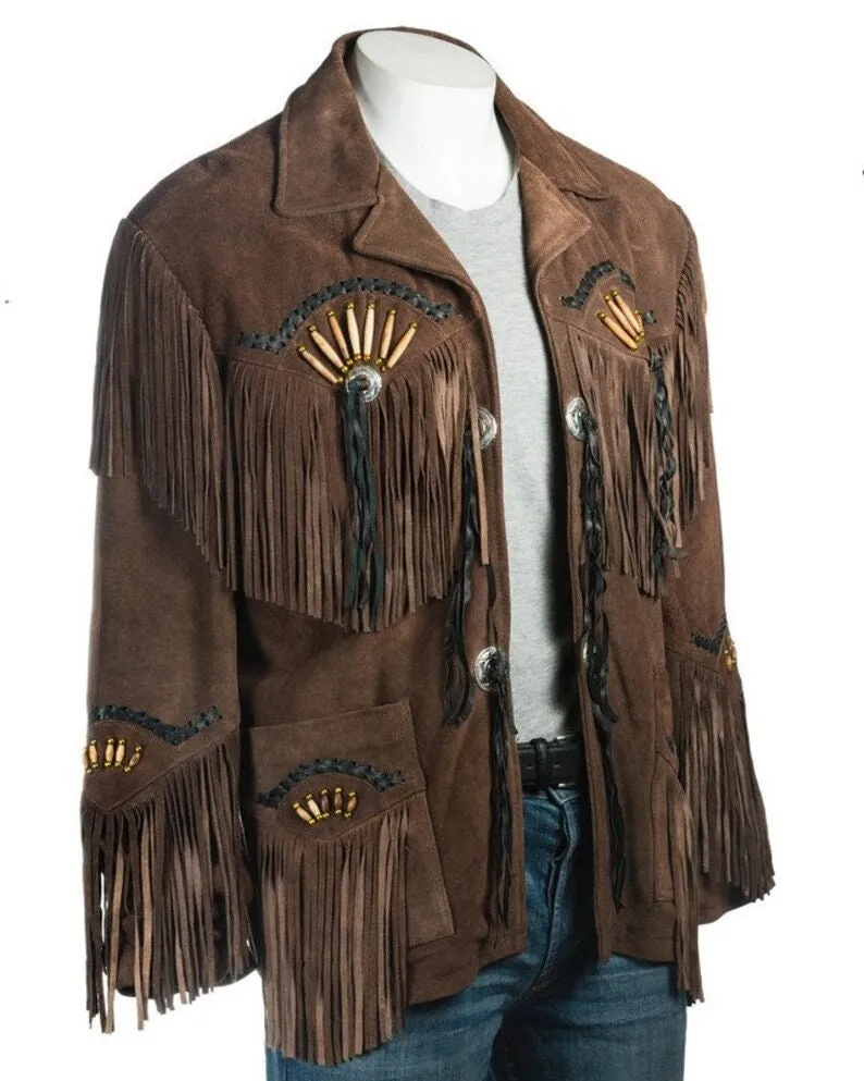 Men Brown Suede Vintage Traditional Western Cowboy Leather Jacket With Fringe Hand Made Country Side Red Indian Western Wear