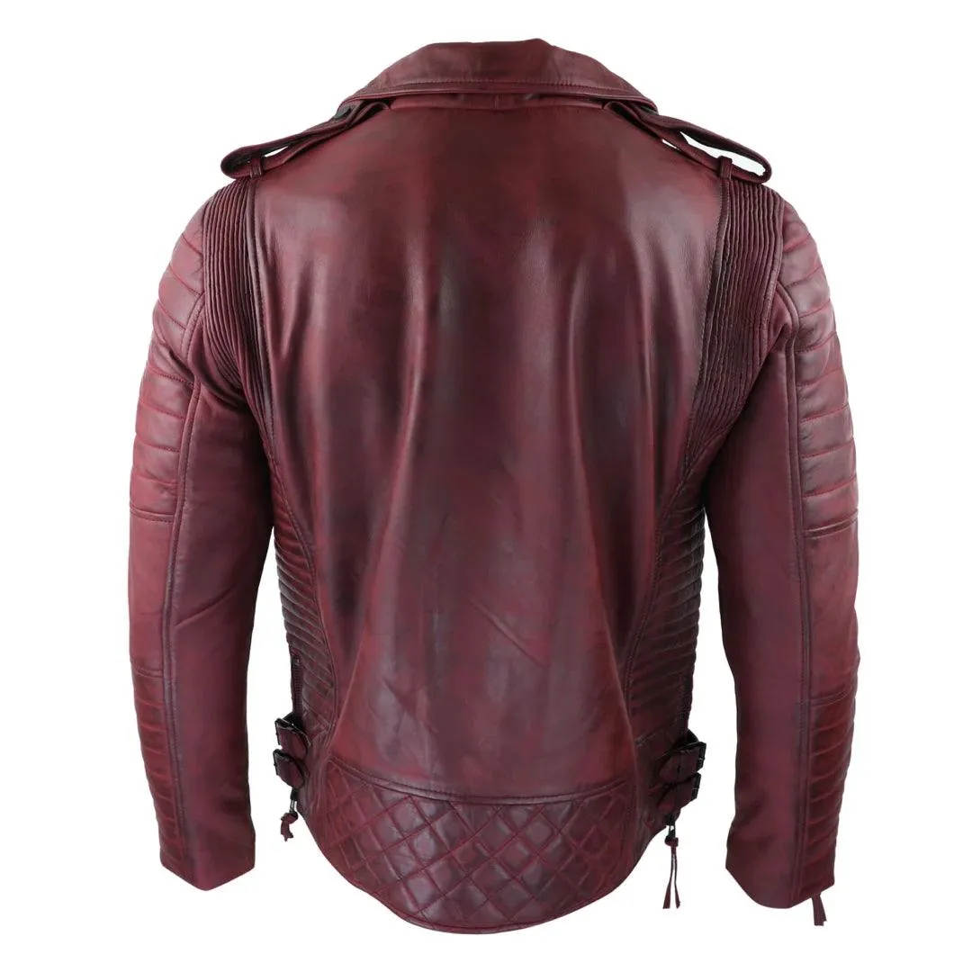 Mens Biker Jacket Cross Zip Black Wine Retro Vintage Tailored Fit Rock Punk