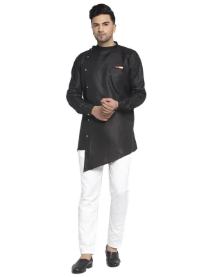 Men's Cotton Black Asymmetric Solid Kurta With White Trousers - Benstoke