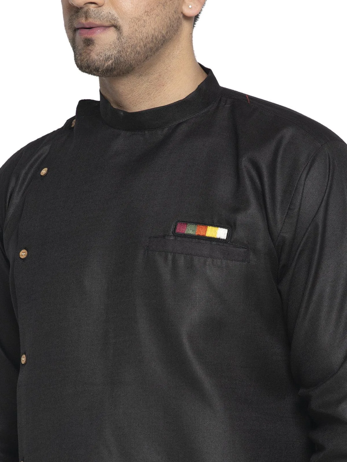 Men's Cotton Black Asymmetric Solid Kurta With White Trousers - Benstoke