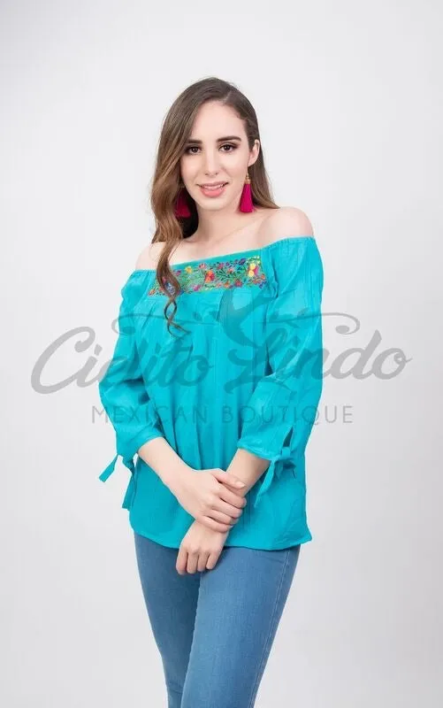 Mexican Embroidered Blouse Cozumel Teal