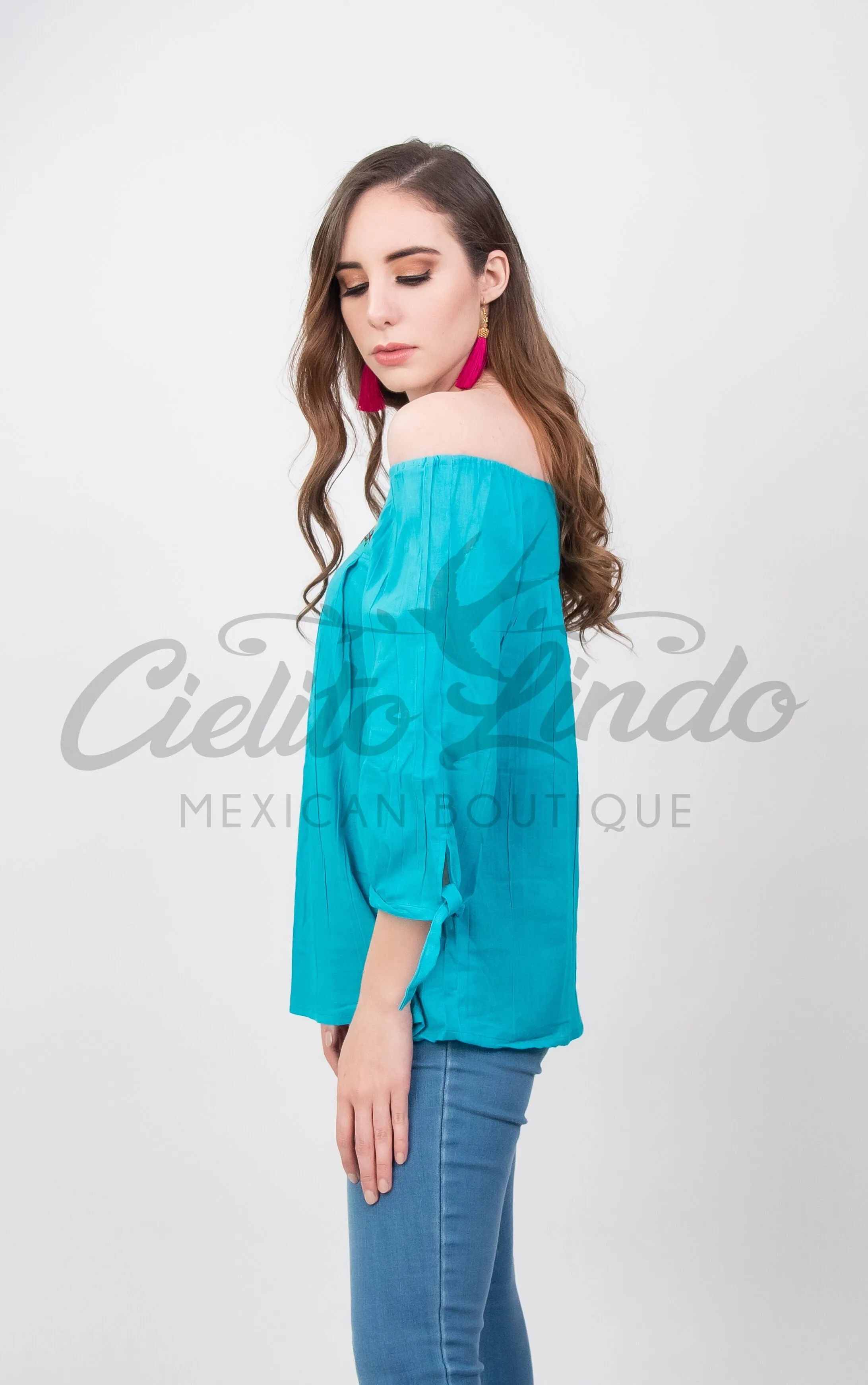 Mexican Embroidered Blouse Cozumel Teal