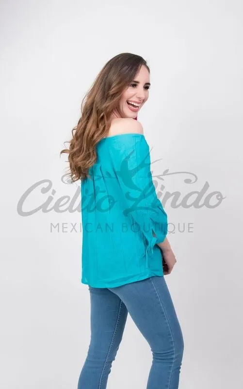 Mexican Embroidered Blouse Cozumel Teal