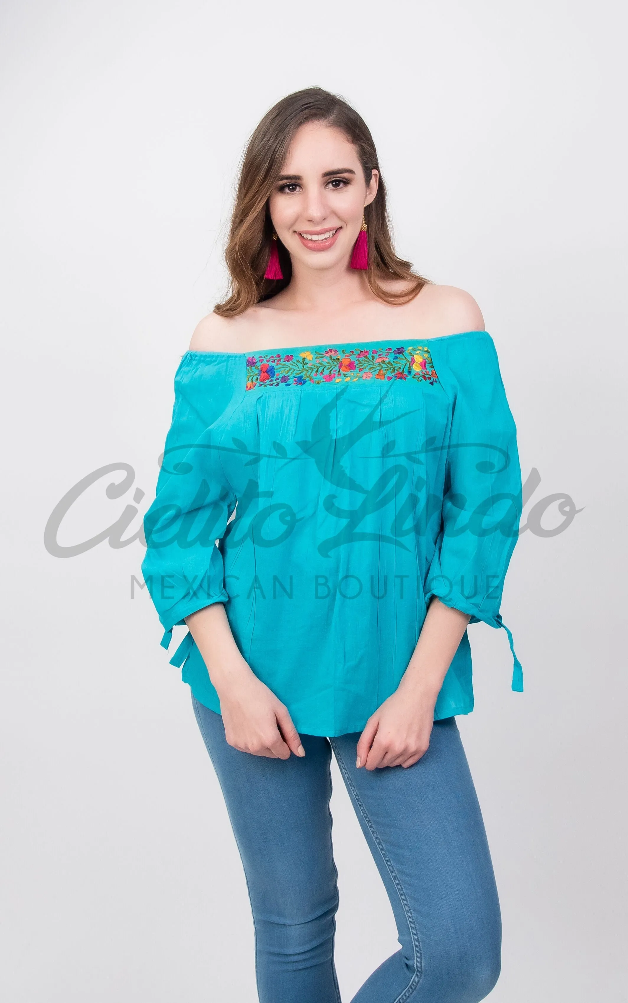 Mexican Embroidered Blouse Cozumel Teal