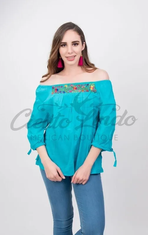 Mexican Embroidered Blouse Cozumel Teal