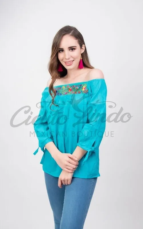 Mexican Embroidered Blouse Cozumel Teal