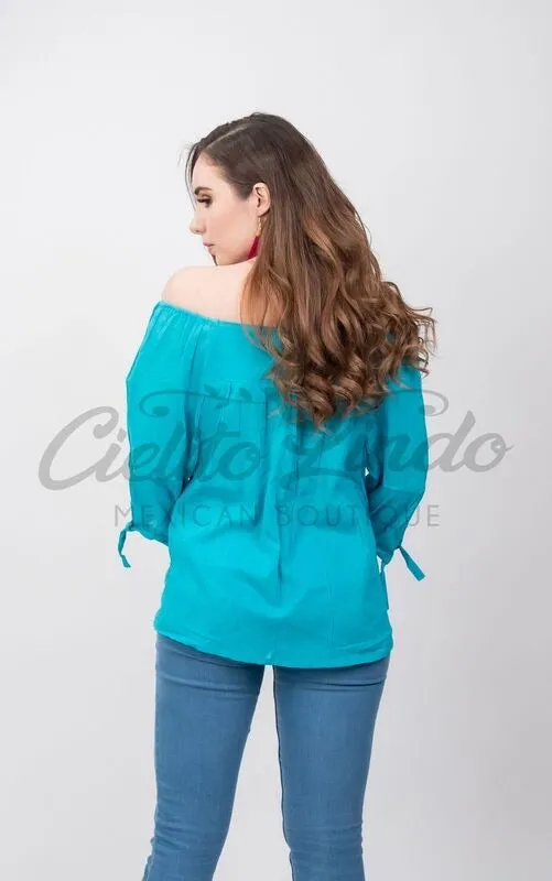 Mexican Embroidered Blouse Cozumel Teal