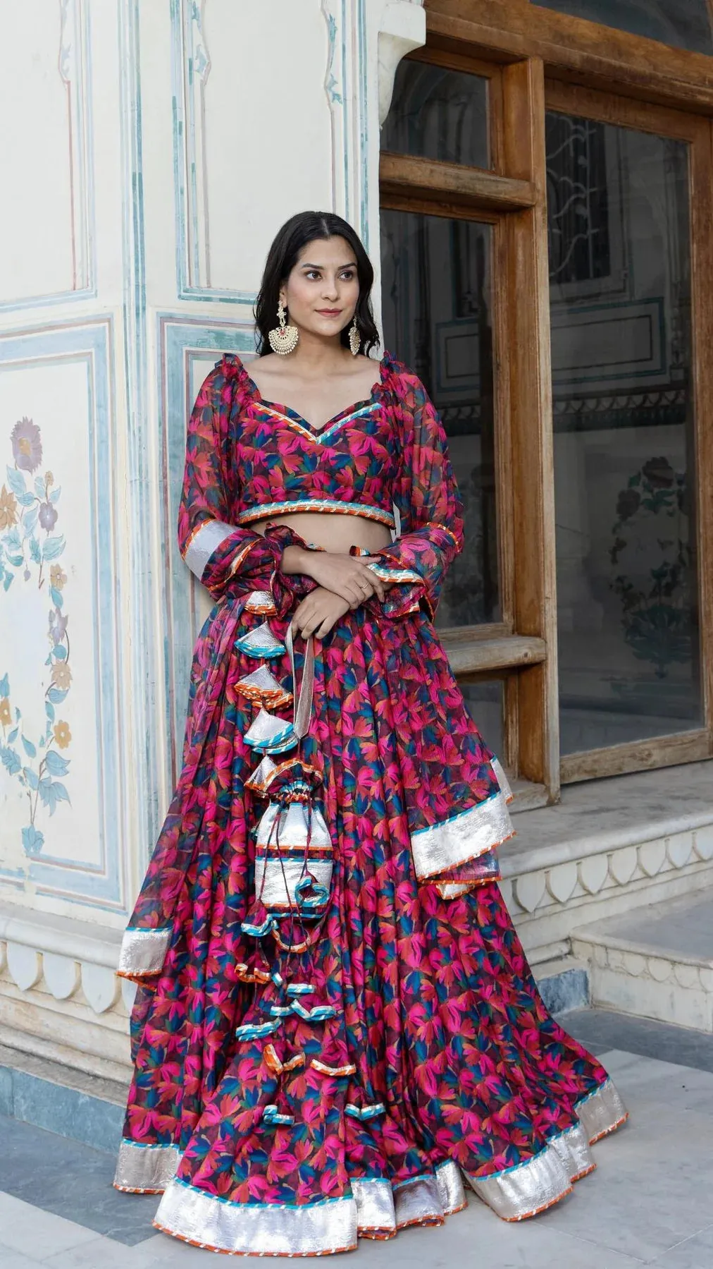 Muslin Orange Red & Pink Floral Printed Lehenga Set with Chiffon Dupatta