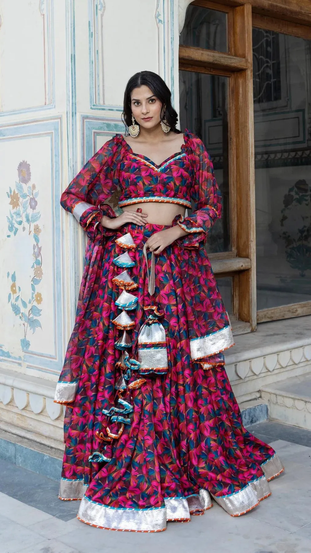 Muslin Orange Red & Pink Floral Printed Lehenga Set with Chiffon Dupatta