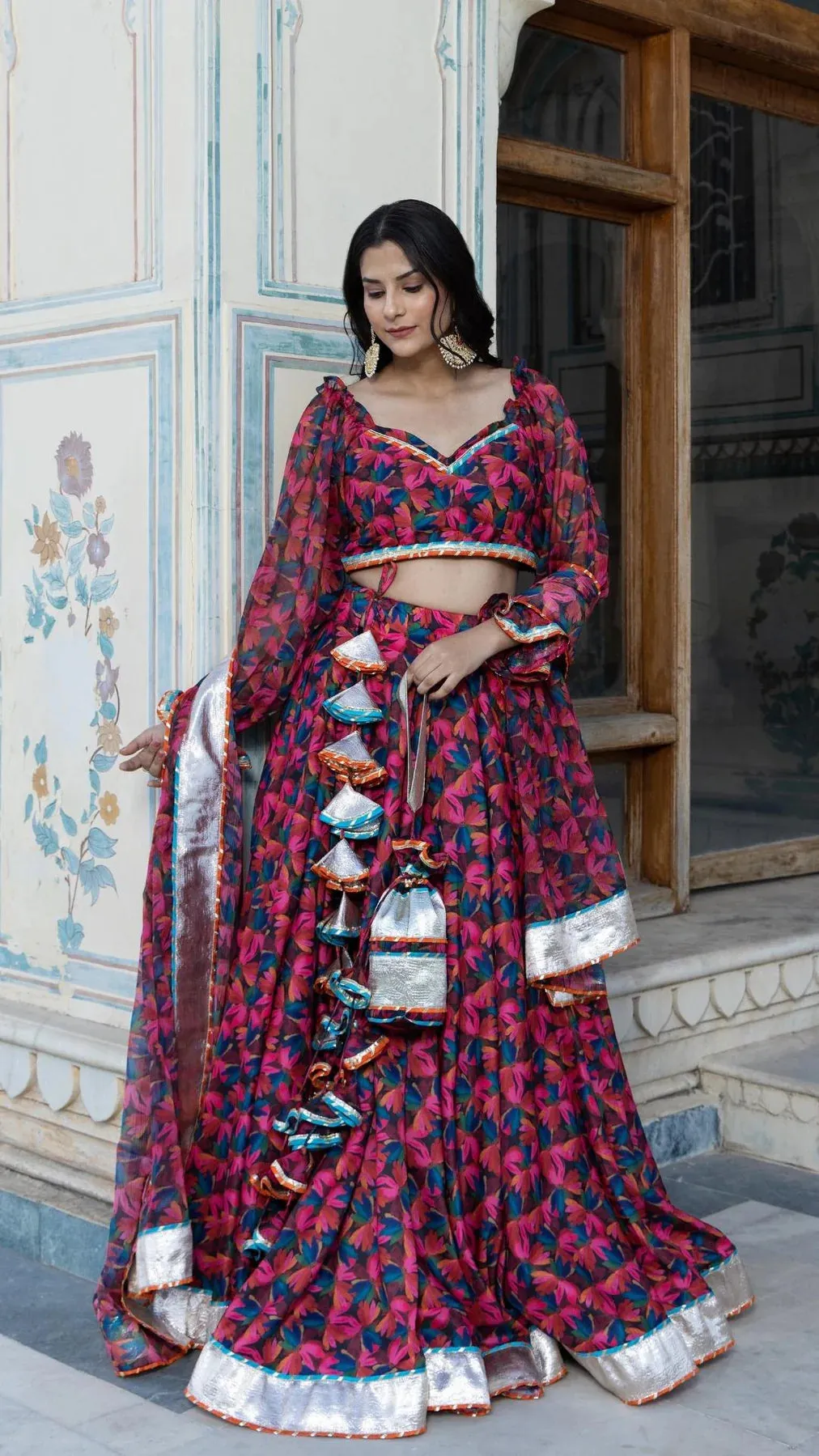 Muslin Orange Red & Pink Floral Printed Lehenga Set with Chiffon Dupatta