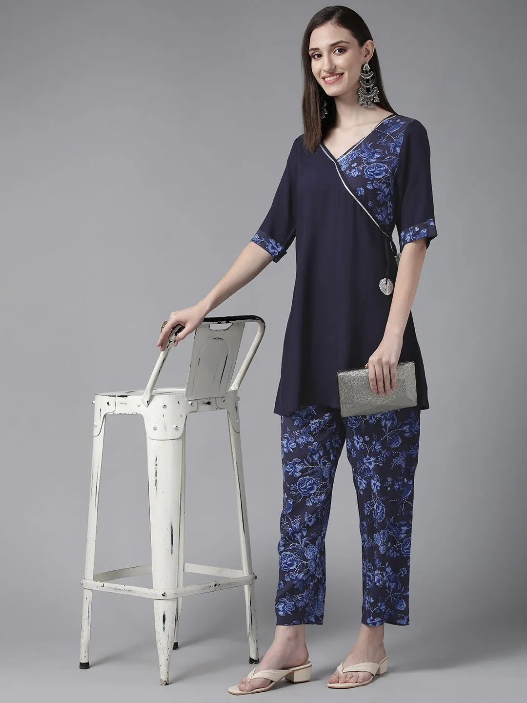 Navy Blue Rayon Wax Printed Angrakha Gotta Patti Tunic With Trousers